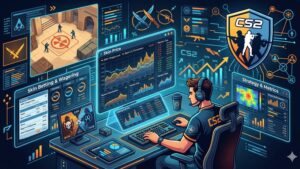 Современная иллюстрация с игровыми скинами Counter-Strike 2 для статьи о стратегиях трейдинга и ставок.
